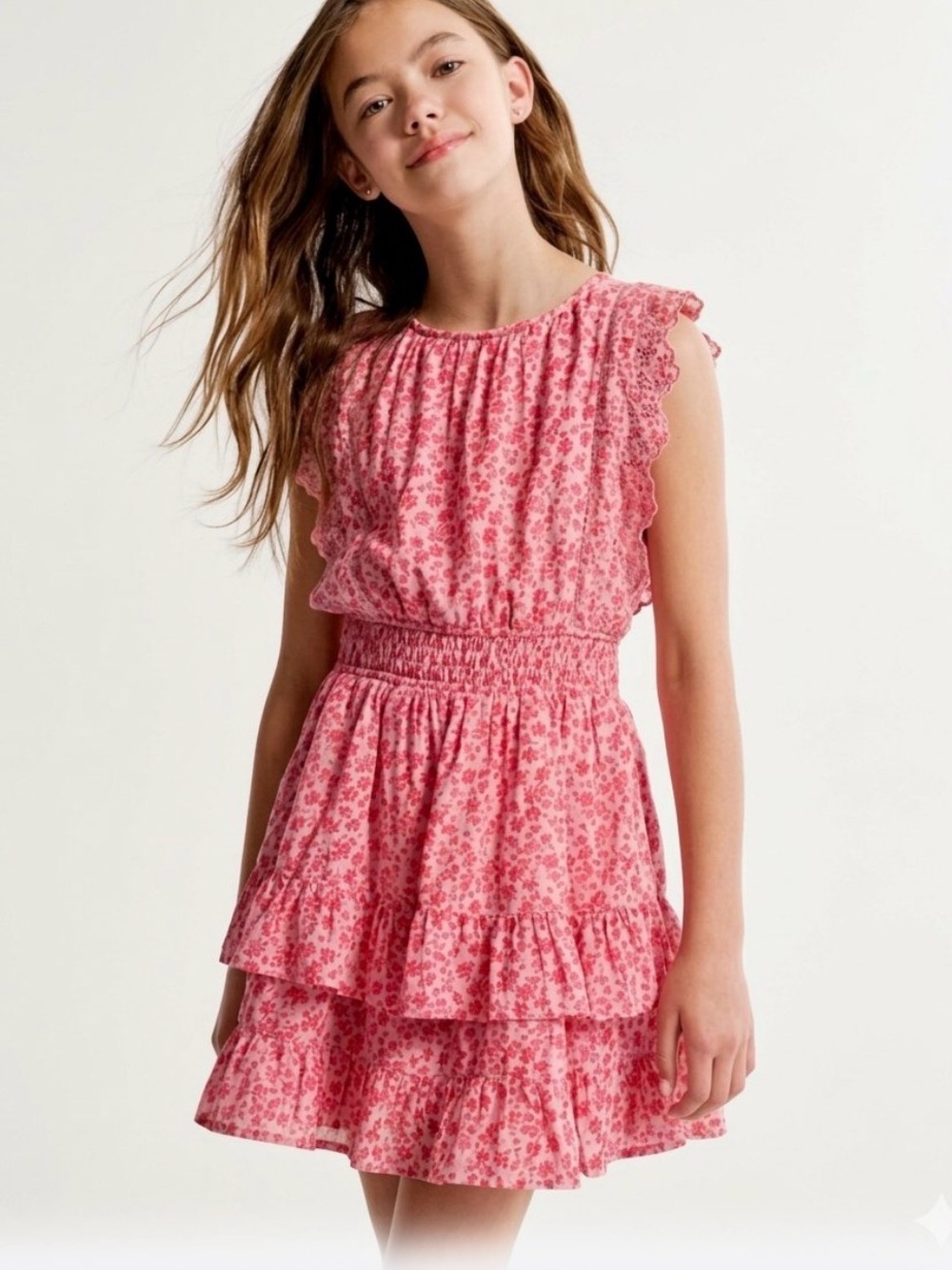 abercrombie kids Pink Floral Ruffle Tiered Dress, 100% Cotton, Girls 7/8
